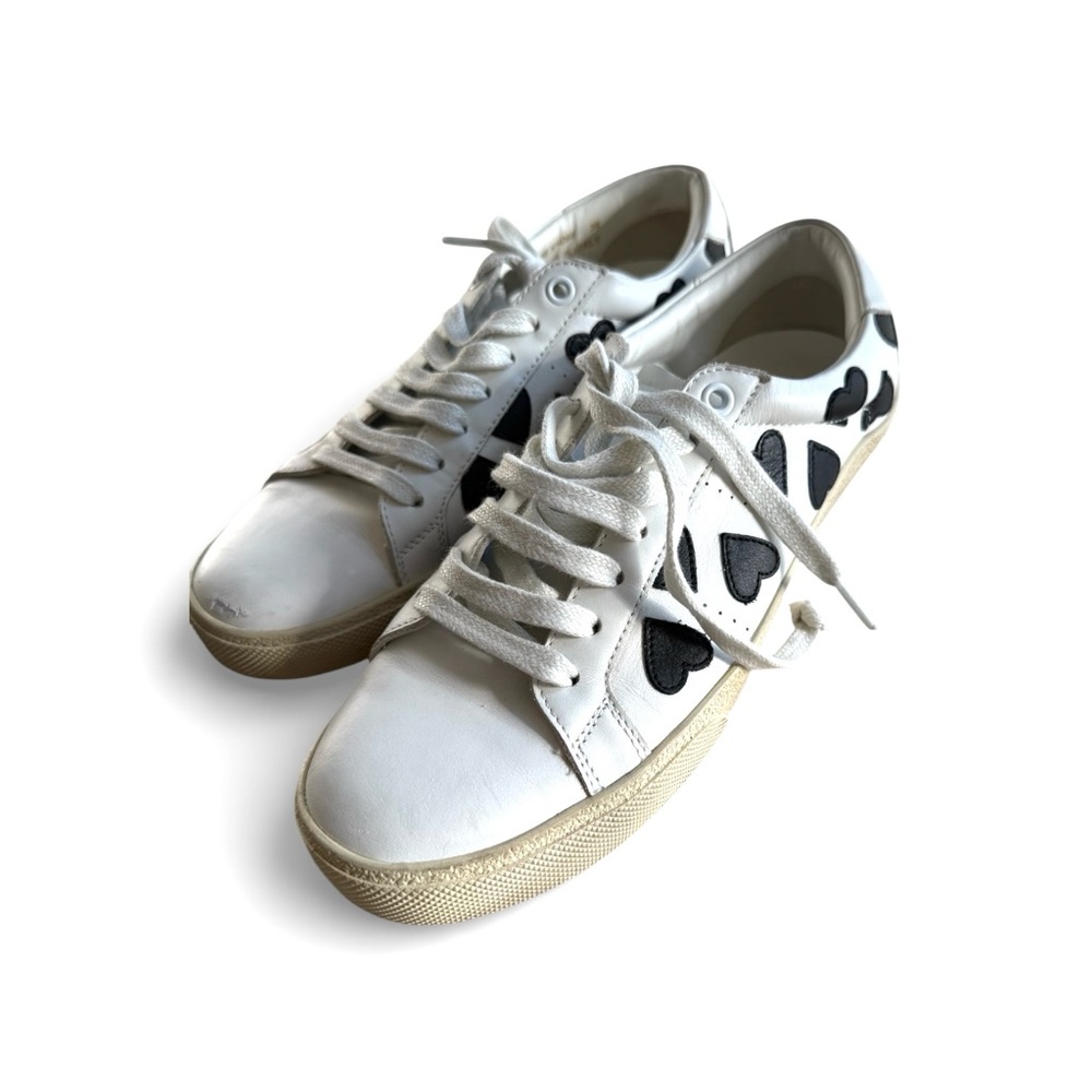 Saint Laurent White Sneakers with Black Leather Hearts